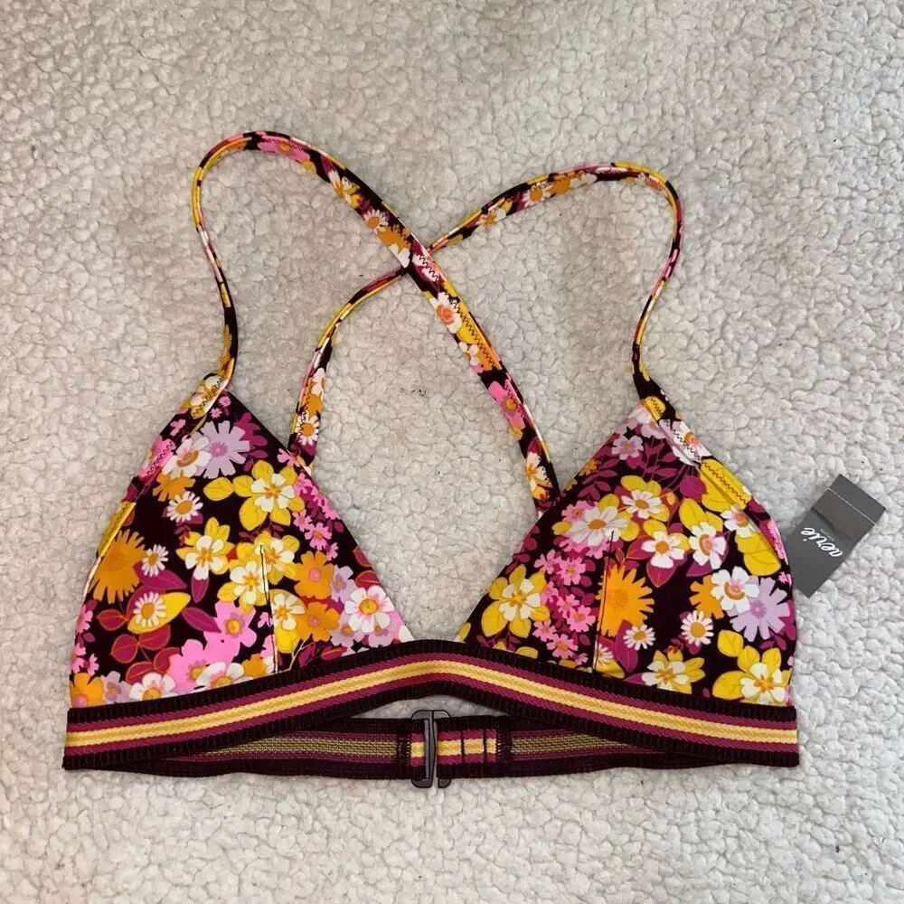 Aerie Women’s Floral Pink Yellow Triangle Bikini Top Size Small NWT